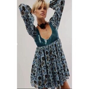 NWOT Free People Marsha‎ Mini Dress Small Blue Velvet Empire Waist Floral Fairy